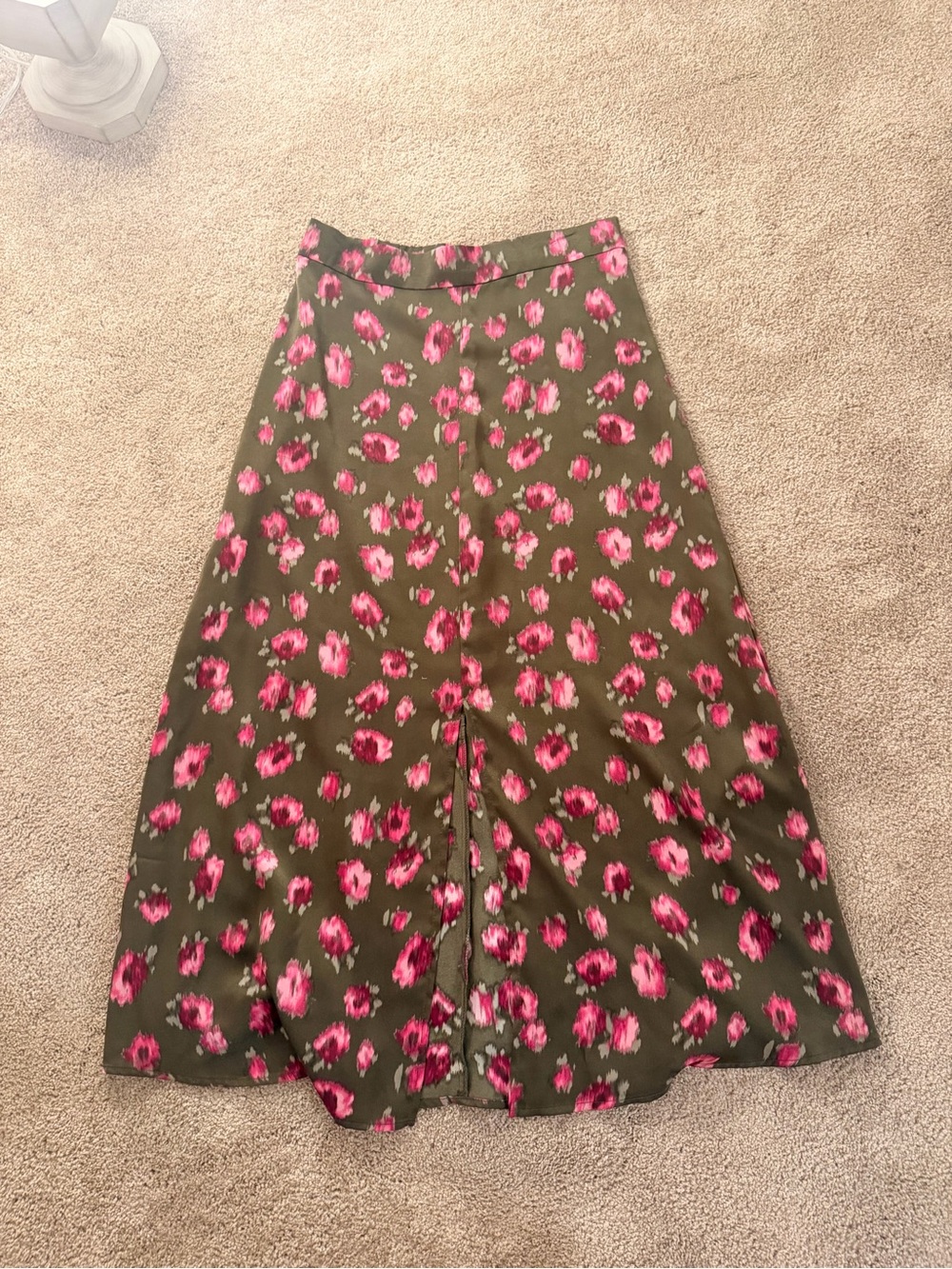 Halogen Olive A-Line Midi Skirt with Pink Floral Print